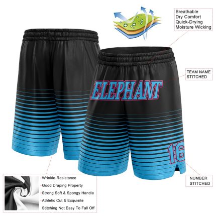 Custom Basketball Shorts with Name & Number - Personalized Fade Pinstripe in Black Sky Blue-Pink Design Personalized Black