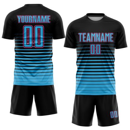 Personalized Soccer Uniform Jersey - Black Sky Blue-Pink Pinstripe Fade Fashion Sublimation Personalized Black Sky Blue-Pink