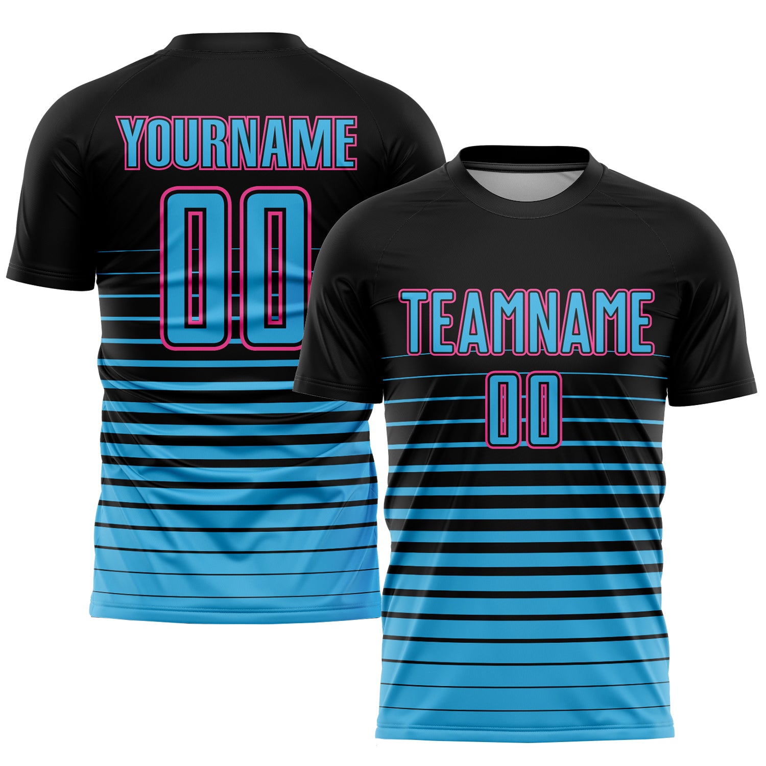 Custom Name and Number Soccer Uniform Jersey - Personalized Black Sky Blue-Pink Pinstripe Fade Design Personalized Black