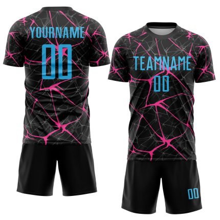 Custom Name and Number Soccer Jersey - Personalized Black Sky Blue-Pink Sublimation Uniform Personalized Black Sky Blue-Pink