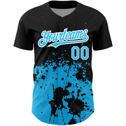 Personalized 3D Abstract Splash Grunge Art Baseball Jersey in Black Sky Blue-White Personalized Black Sky Blue-White 3D Abstract