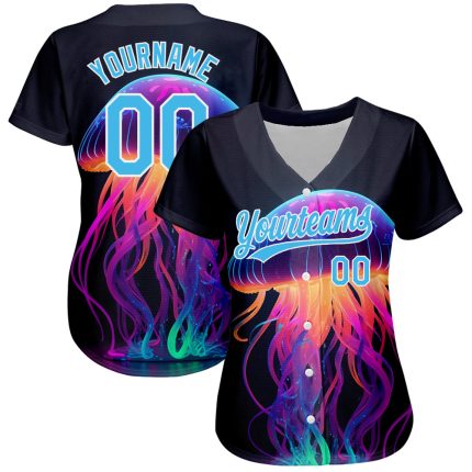 Personalized 3D Neon Jellyfish Baseball Jersey in Black Sky Blue/White Personalized Black Sky Blue-White 3D Neon Jellyfish