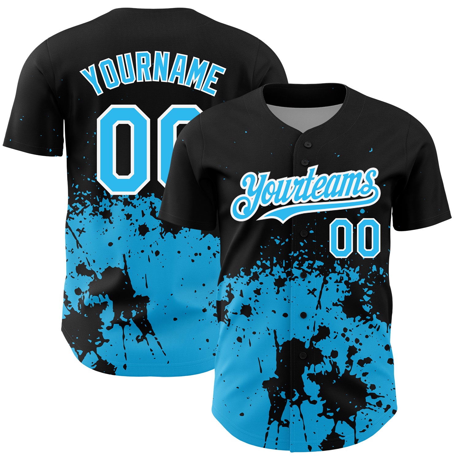 Custom Name and Number Baseball Jersey - Personalized 3D Black Sky Blue-White Abstract Splash Grunge Art Design Personalized