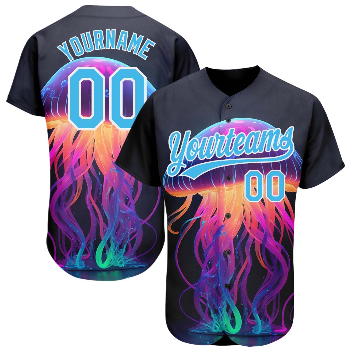 Custom Neon Jellyfish Baseball Jersey - Personalized 3D Pattern Black Sky Blue-White with Team Name & Number Personalized