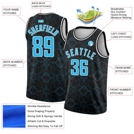 Custom Geometric Shapes Basketball Jersey - Personalized Black and Sky Blue City Edition with Name and Number Personalized