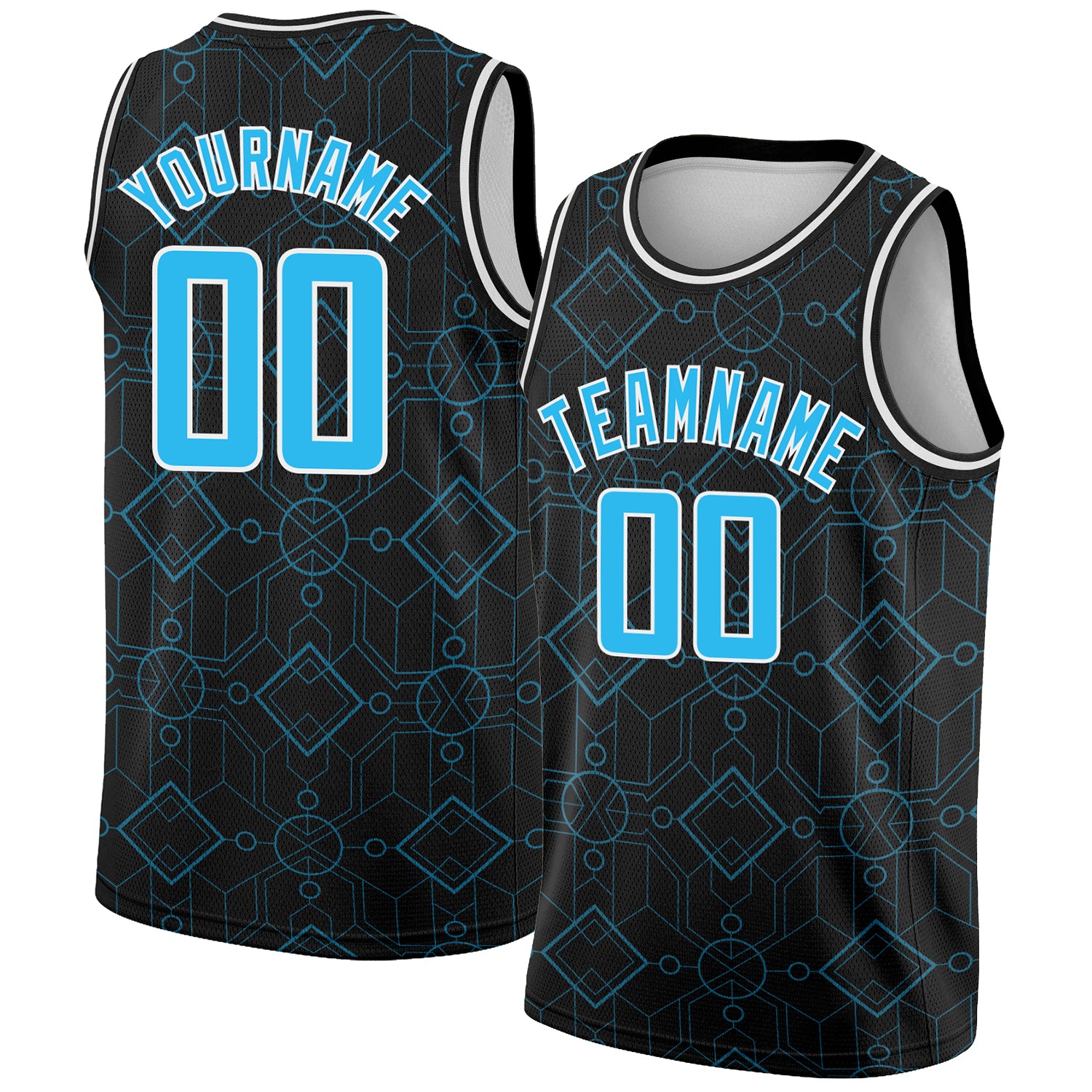 Personalized Geometric Shapes Basketball Jersey - City Edition in Black Sky Blue and White Personalized Black Sky Blue-White