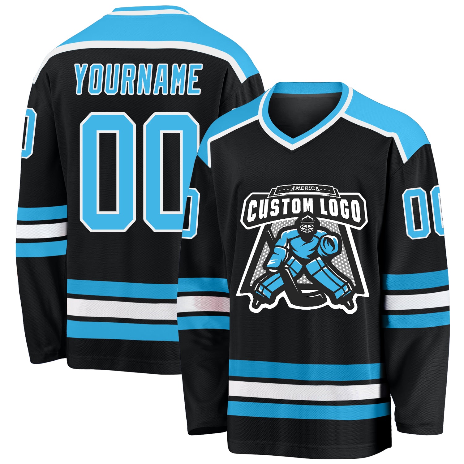 Personalized Hockey Jersey with Custom Name and Number - Black Sky Blue-White Team Jersey Personalized Black Sky Blue-White