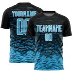 Custom Soccer Jersey with Personalized Name and Number - Black Sky Blue White Line Sublimation Uniform Personalized Black