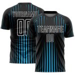 Custom Black and Sky Blue Soccer Jersey with White Lines - Sublimation Uniform Personalized Black Sky Blue-White Lines Sublimation