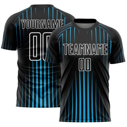 Custom Black and Sky Blue Soccer Jersey with White Lines - Sublimation Uniform Personalized Black Sky Blue-White Lines Sublimation