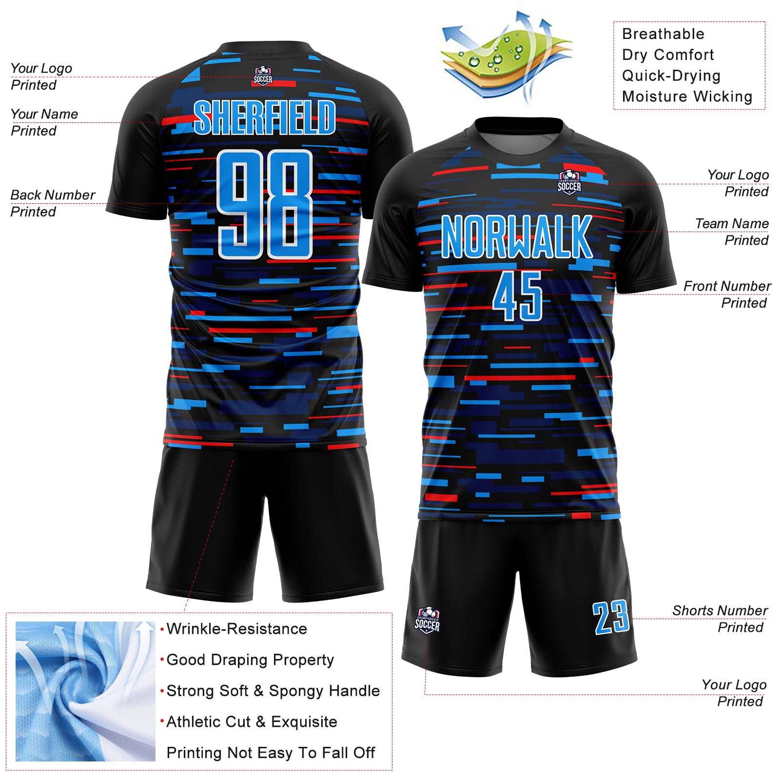 Personalized Soccer Jersey - Black Sky Blue White Lines Sublimation Uniform 4 Personalized Black Sky Blue-White Lines Sublimation - Image 4
