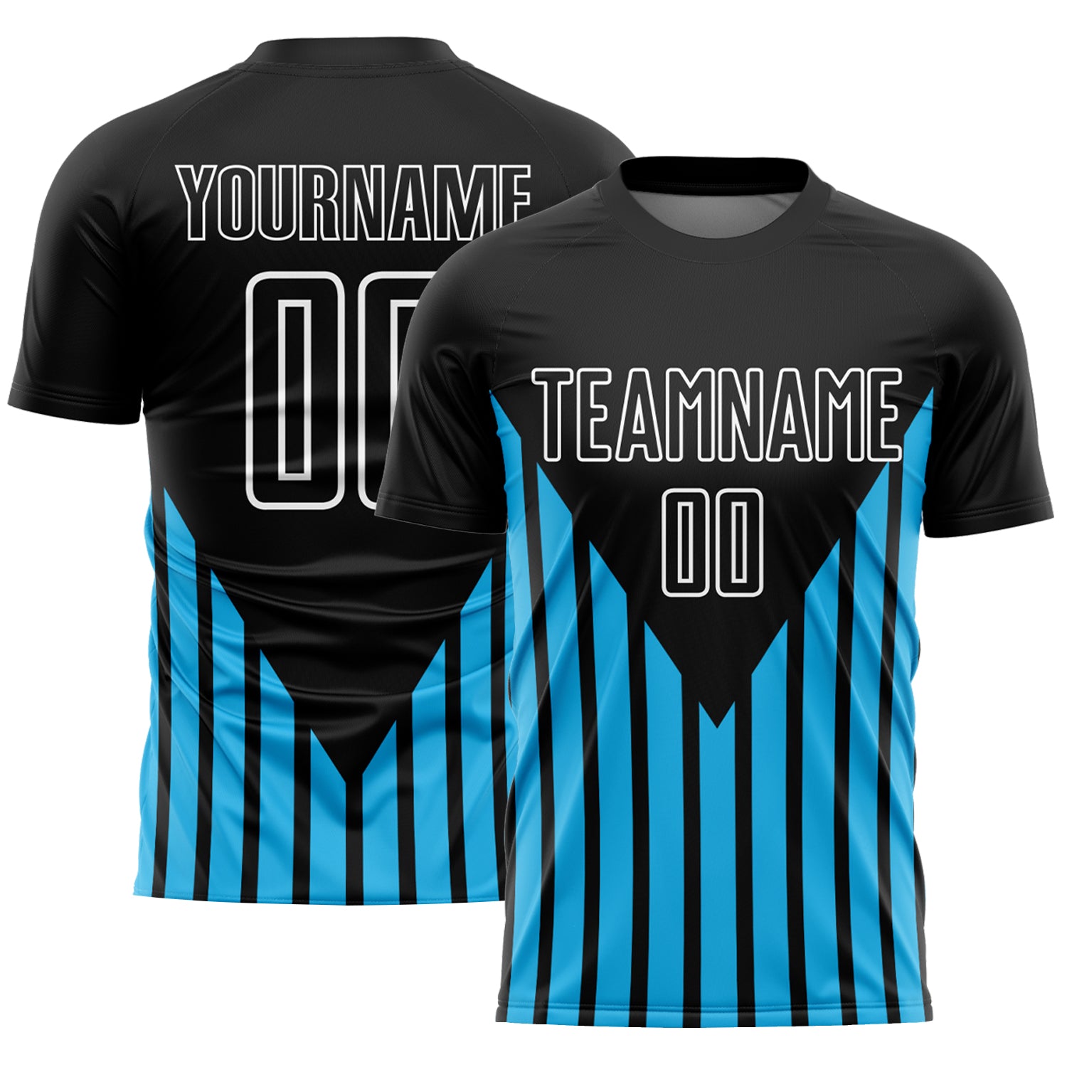 Custom Soccer Jersey with Personalized Name and Number - Black Sky Blue-White Lines Design Personalized Black Sky Blue-White