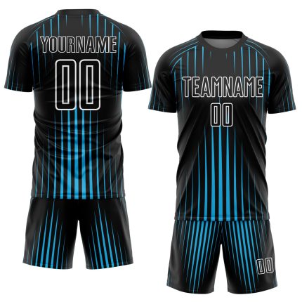 Custom Black and Sky Blue Soccer Jersey with White Lines - Sublimation Uniform Personalized Black Sky Blue-White Lines Sublimation