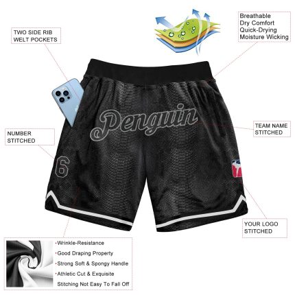 Custom Personalized Basketball Shorts with Black Snakeskin 3D Pattern - Team Name & Number Personalized Black Snakeskin Black-Gray