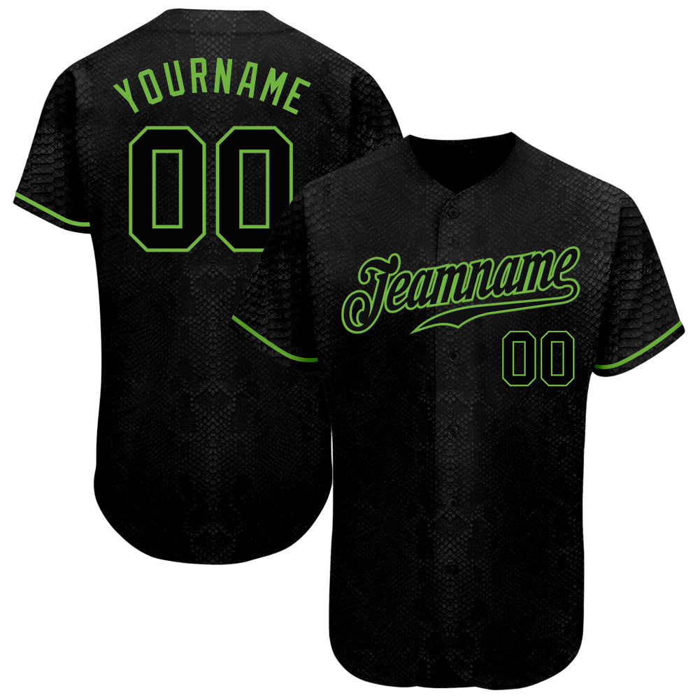 Custom Name and Number Authentic Baseball Jersey Black Snakeskin 3D Pattern Black-Neon Green Design Personalized Black Snakeskin