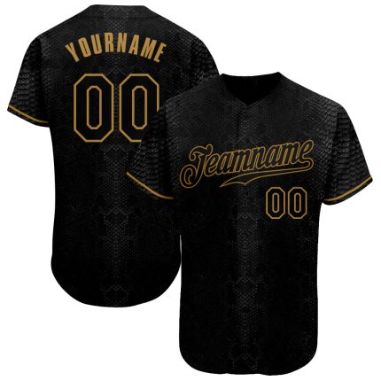 Personalized Black Snakeskin 3D Baseball Jersey in Old Gold - Custom Sports Apparel Personalized Black Snakeskin Black-Old