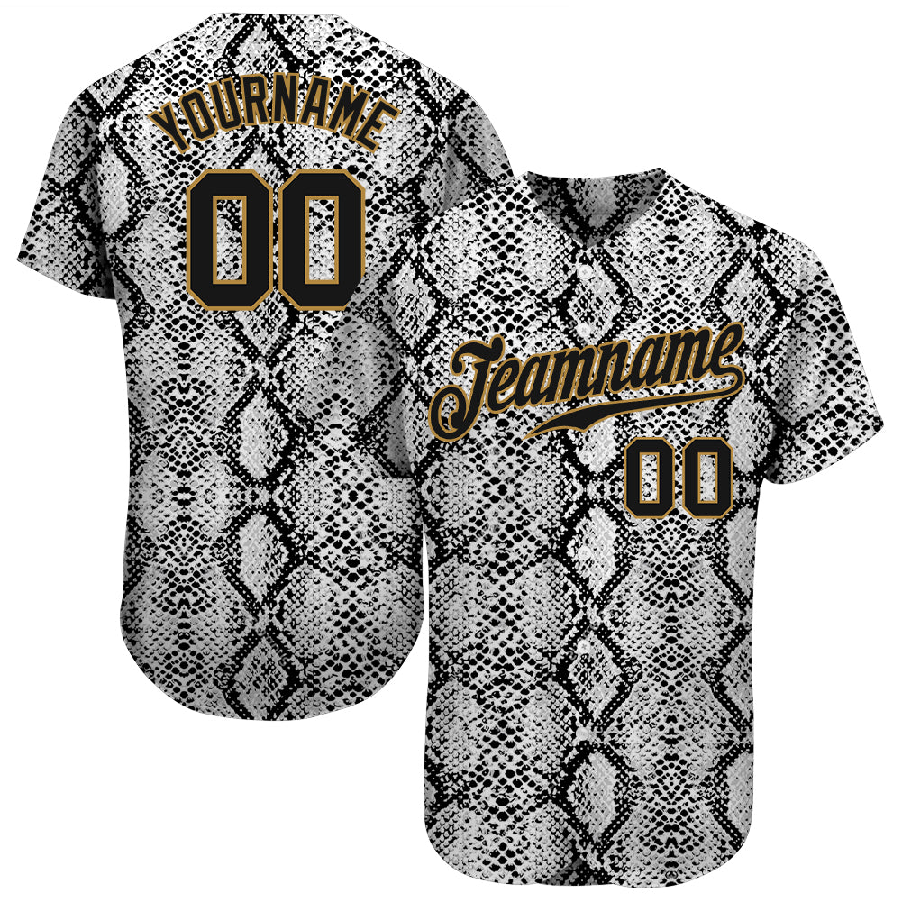 Personalized 3D Pattern Authentic Baseball Jersey - Black Snakeskin with Old Gold Design Personalized Black Snakeskin Black-Old