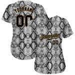 Custom black and old gold snakeskin baseball jersey, back view