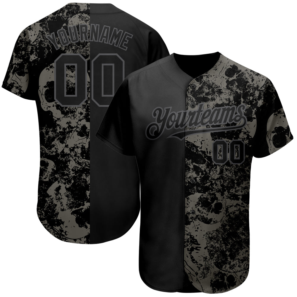 Personalized 3D Skull Baseball Jersey for Men in Black Steel Gray - Fashion Sportswear Personalized Black Steel Gray 3D Skull