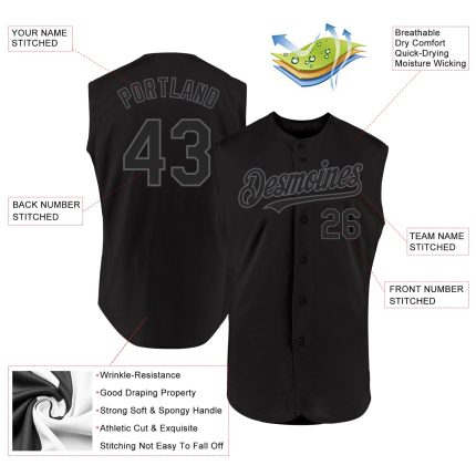 Custom Name and Number Personalized Black Steel Gray Baseball Jersey - Sleeveless Authentic Team Apparel Personalized Black