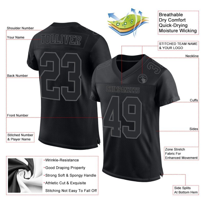 Custom Name and Number Authentic Football Jersey - Personalized Black Steel Gray Mesh Team Jersey Personalized Black Steel
