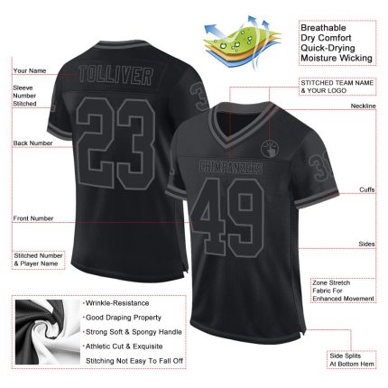 Custom Black Steel Gray Mesh Football Jersey - Personalized Throwback Style Personalized Black Steel Gray Mesh Throwback