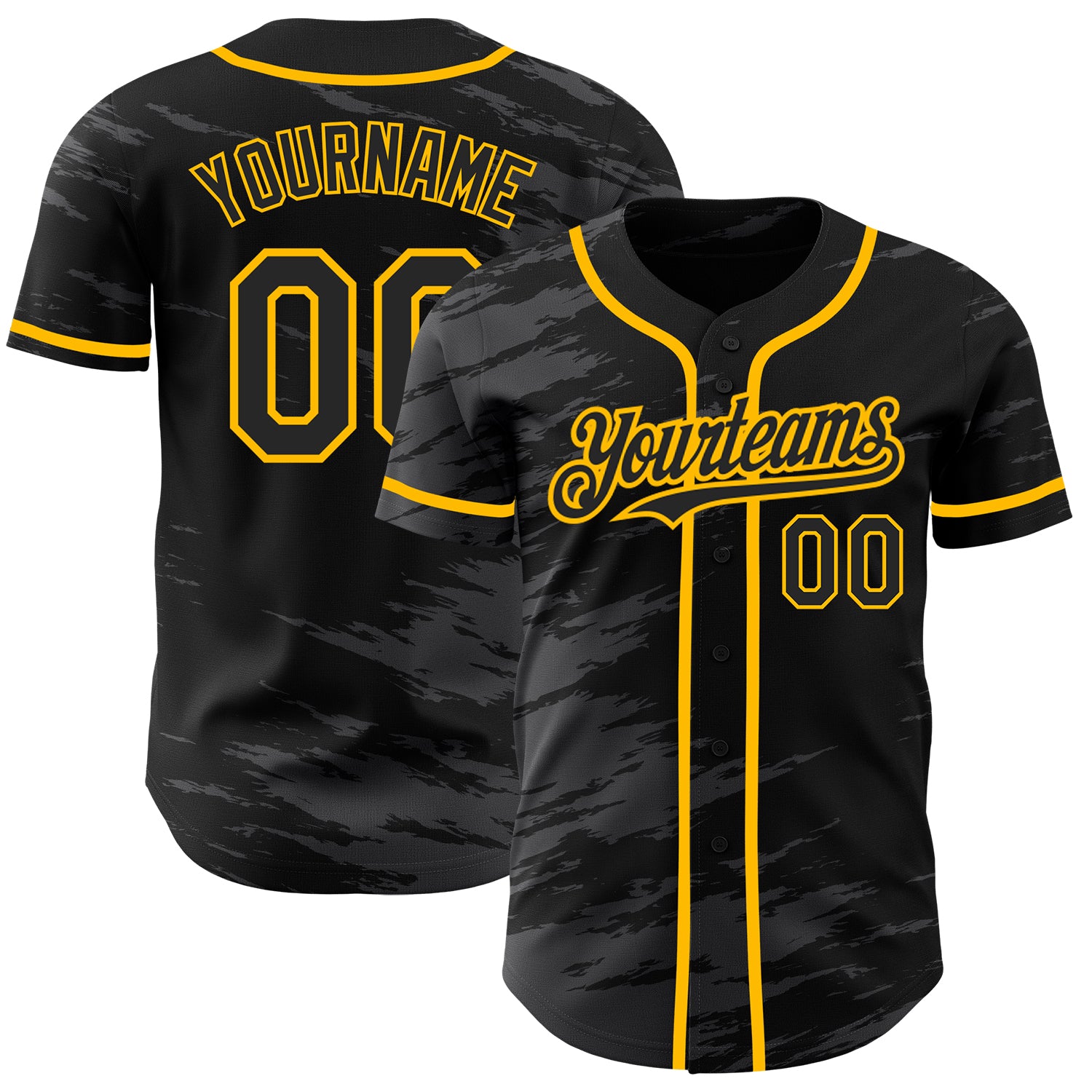 Customizable Gold Ink Baseball Jersey with Black Steel Gray Splash, Personalized Name & Number Personalized Black Steel Gray