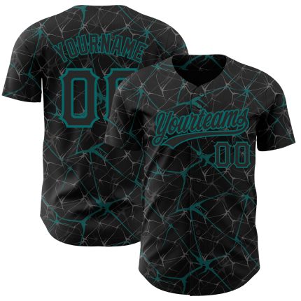 Custom 3D Abstract Network Baseball Jersey in Black Teal Design Personalized Black Teal 3D Abstract Network Baseball Jersey