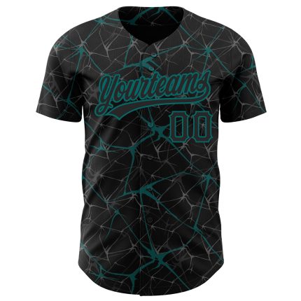 Custom 3D Abstract Network Baseball Jersey in Black Teal Design Personalized Black Teal 3D Abstract Network Baseball Jersey
