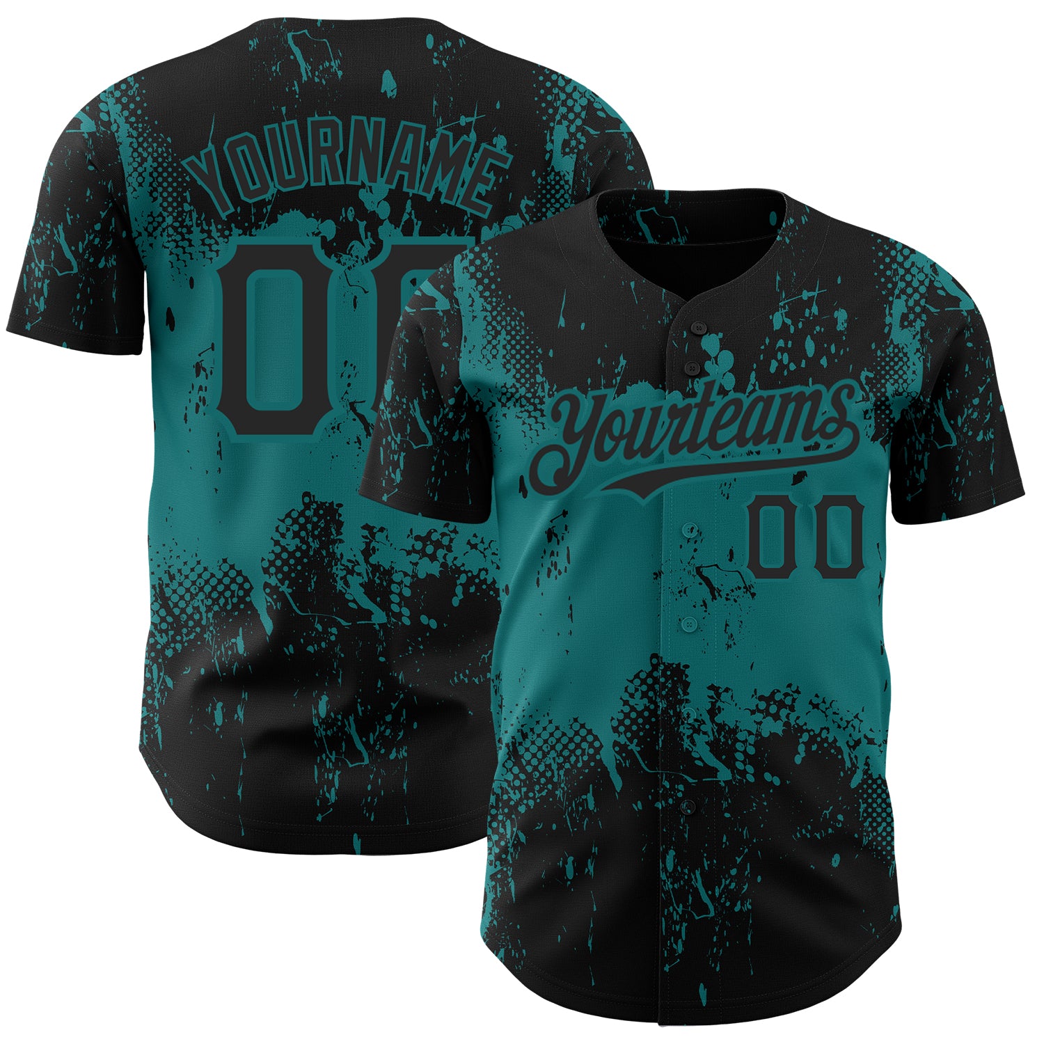 Personalized Black Teal 3D Abstract Splatter Grunge Art Design Baseball Jersey Personalized Black Teal 3D Abstract Splatter