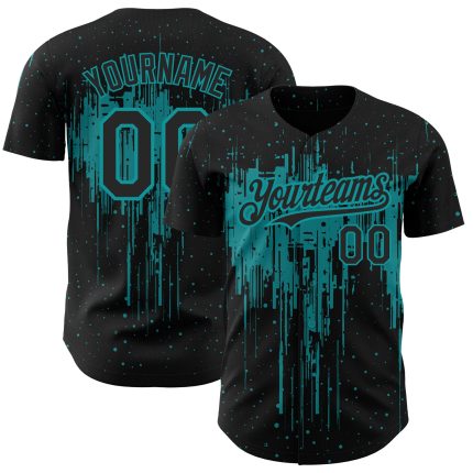 Personalized 3D Dripping Splatter Art Black Teal Baseball Jersey Personalized Black Teal 3D Dripping Splatter Art Baseball