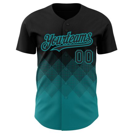 Custom Black Teal 3D Gradient Baseball Jersey with Square Shapes Design Personalized Black Teal 3D Gradient Square Shapes