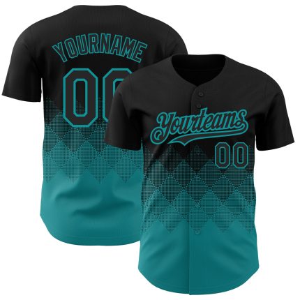 Custom Black Teal 3D Gradient Baseball Jersey with Square Shapes Design Personalized Black Teal 3D Gradient Square Shapes
