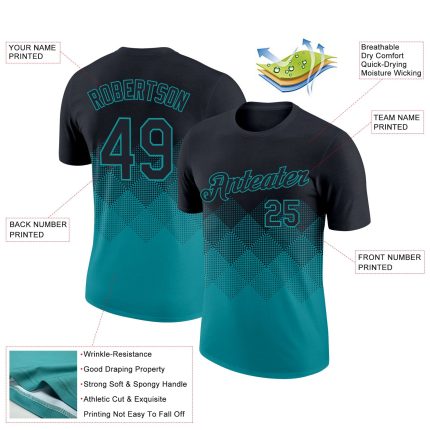 Personalized 3D Gradient Black Teal T-Shirt for Men and Women - Performance Activewear Personalized Black Teal 3D Gradient