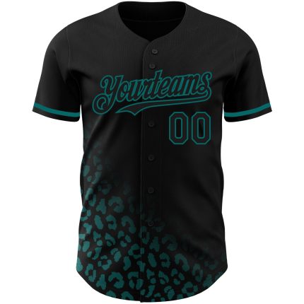 Personalized 3D Leopard Print Baseball Jersey in Black Teal Fade Fashion Personalized Black Teal 3D Leopard Print Fade Fashion