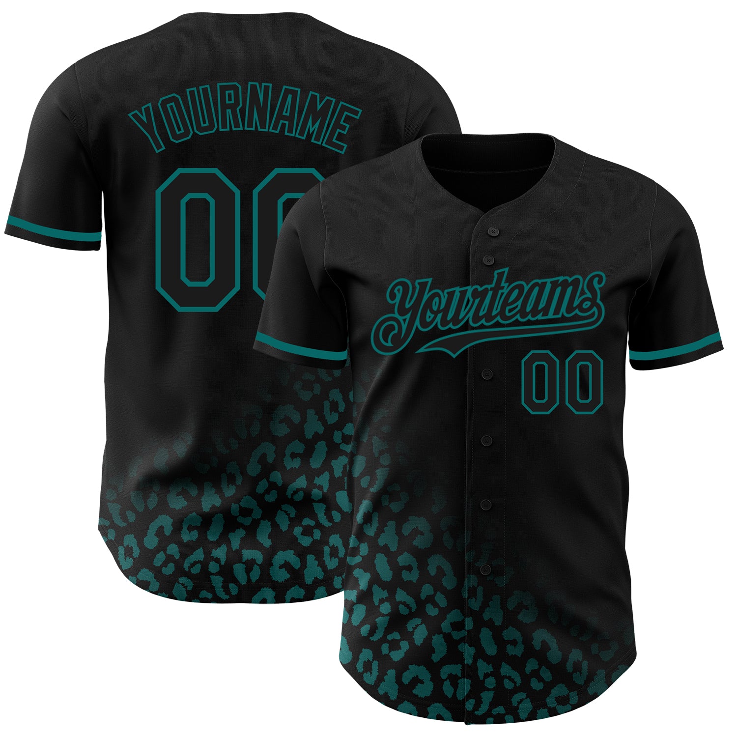 Personalized 3D Leopard Print Baseball Jersey in Black Teal Fade Fashion Personalized Black Teal 3D Leopard Print Fade Fashion