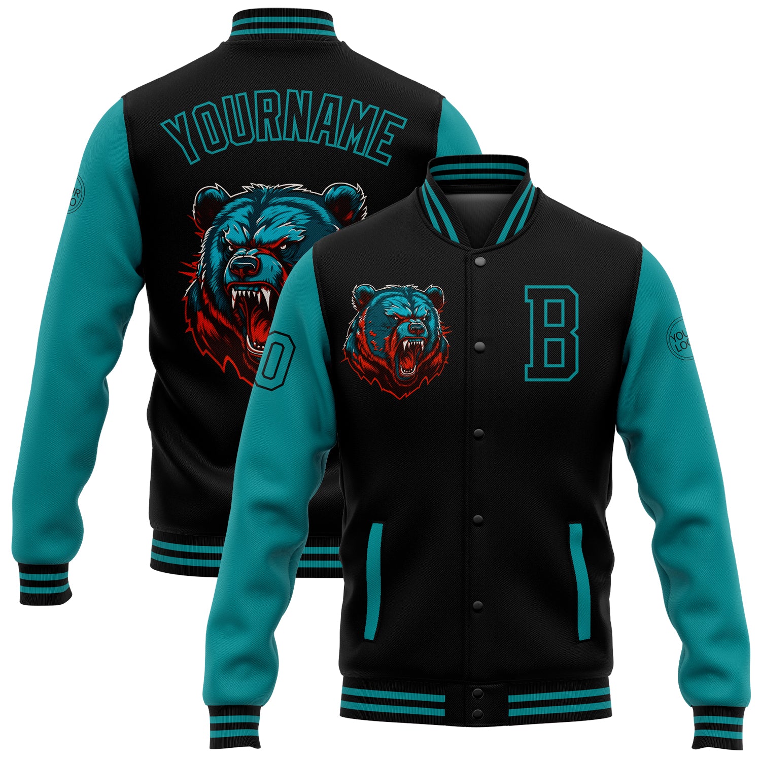 Custom Name and Number Varsity Bomber Jacket - Personalized Black Teal 3D Pattern Design Full-Snap Letterman Coat Personalized