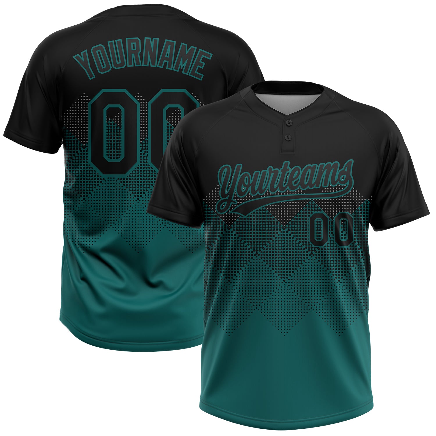 Custom Name and Number Unisex Softball Jersey - Personalized Black Teal 3D Pattern Gradient Two-Button Design Personalized
