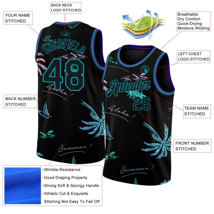 Custom Personalized Tropical Hawaii Palm Trees Basketball Jersey Black Teal 3D Pattern with Custom Name and Number Personalized