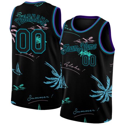 Custom Personalized Tropical Hawaii Palm Trees Basketball Jersey Black Teal 3D Pattern with Custom Name and Number Personalized