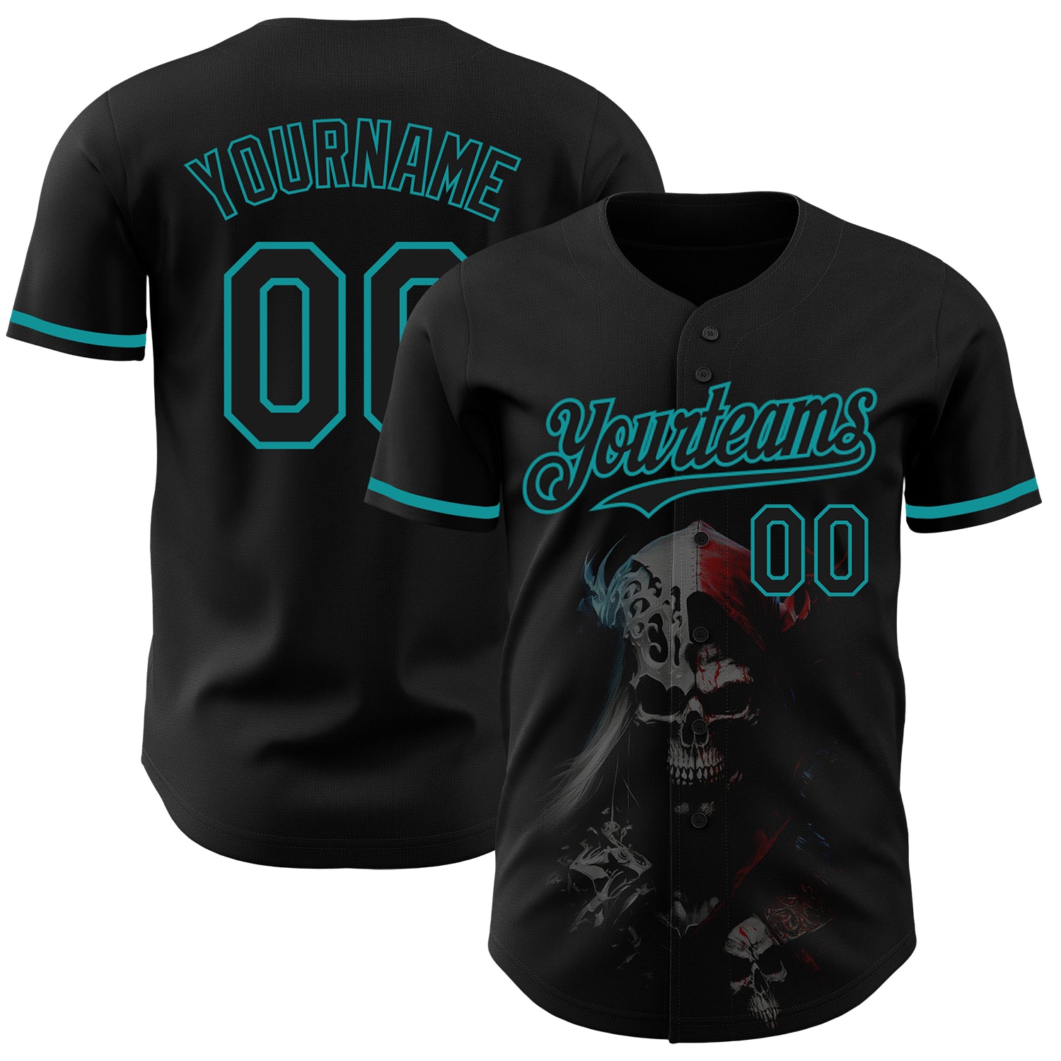 Custom Name and Number Baseball Jersey - Personalized 3D Skull Design in Black and Teal Fashion Personalized Black Teal 3D