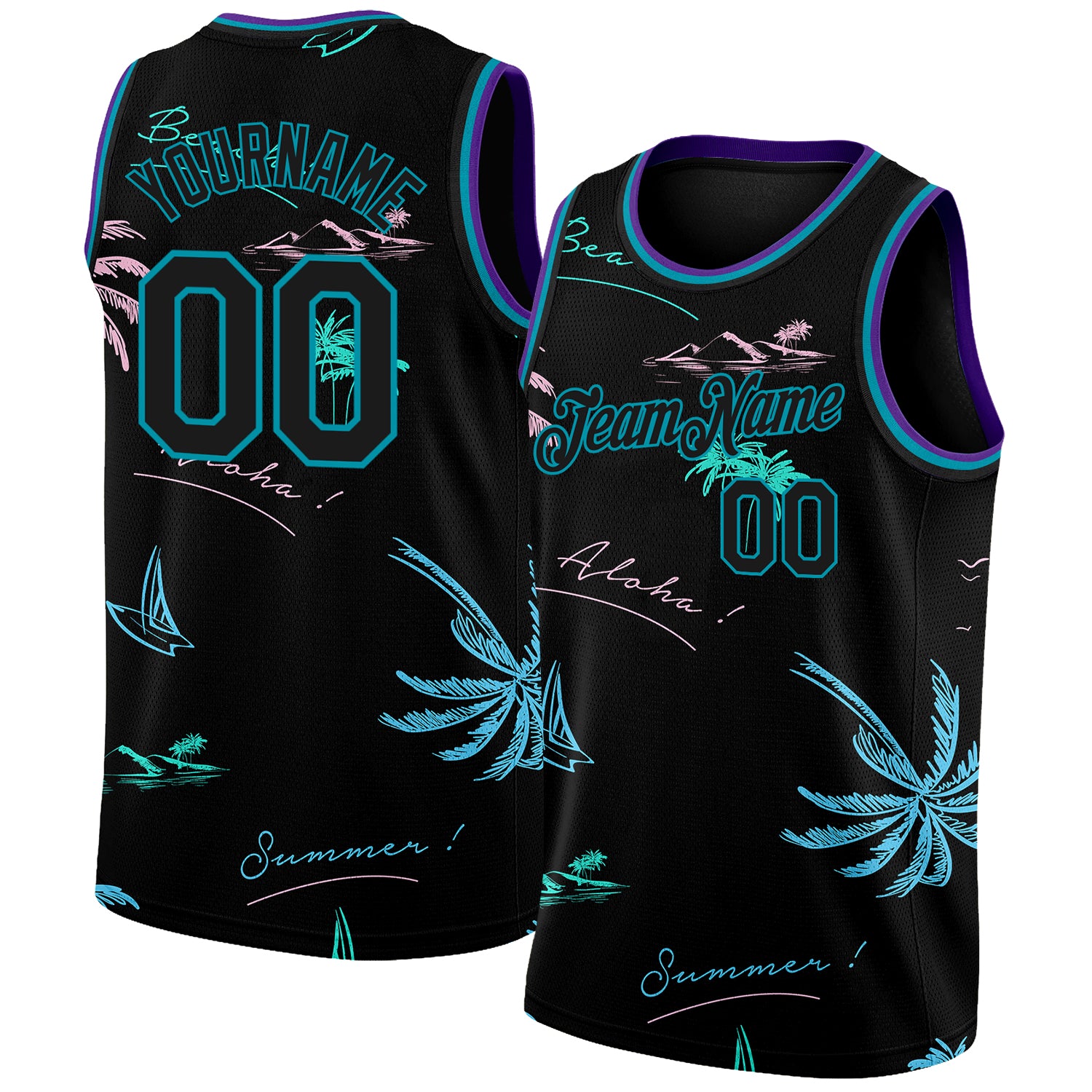 Personalized 3D Tropical Palm Trees Basketball Jersey Black Teal Design Personalized Black Teal 3D Tropical Hawaii Palm Trees