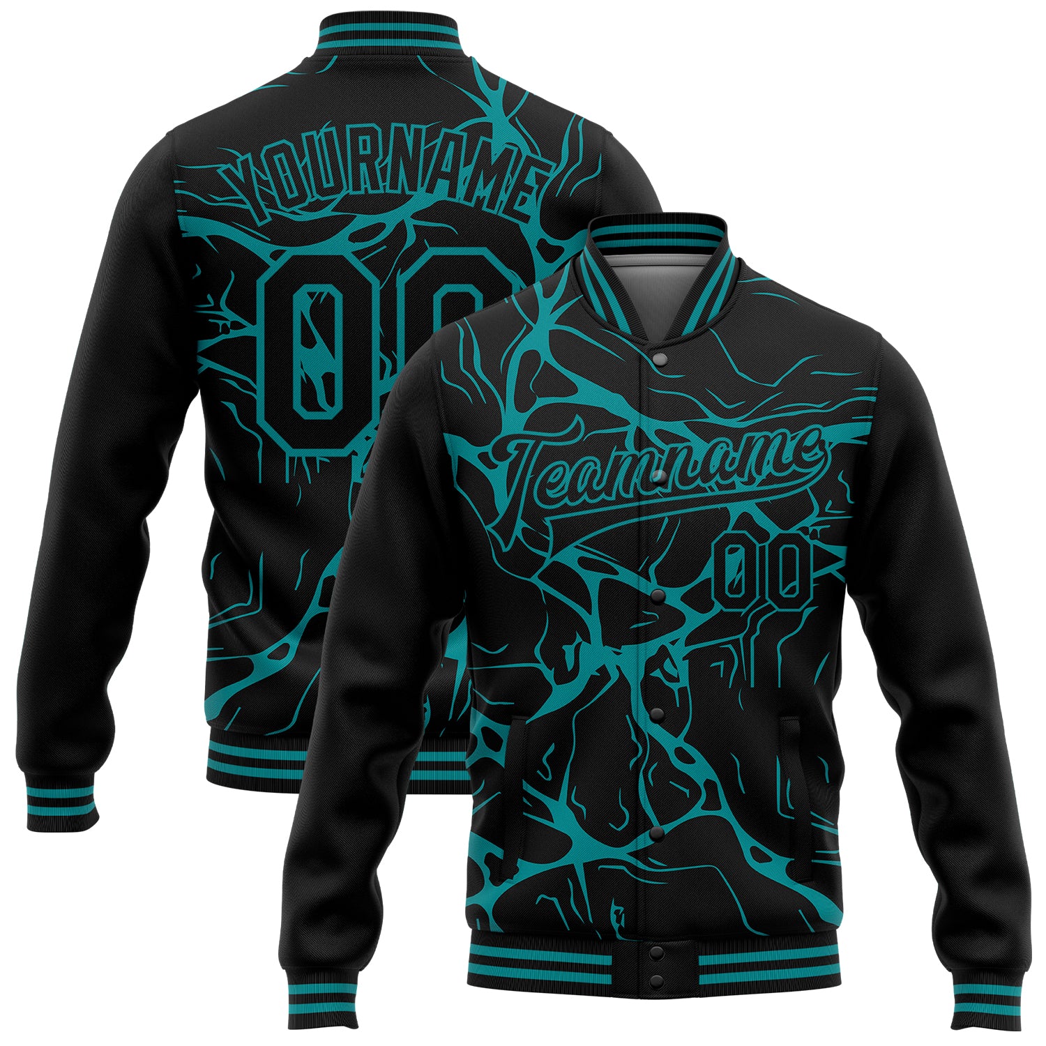 Custom Team Name Number Bomber Jacket 3D Black Teal Abstract Network Pattern Full-Snap Varsity Letterman Design Personalized