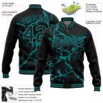 Custom Team Name Number Bomber Jacket 3D Black Teal Abstract Network Pattern Full-Snap Varsity Letterman Design Personalized