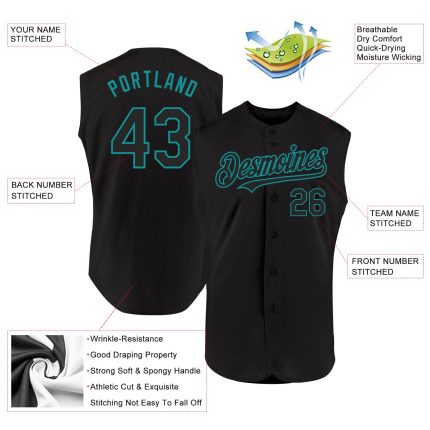 Custom Name and Number Personalized Black Teal Baseball Jersey - Authentic Sleeveless Team Apparel Personalized Black Teal