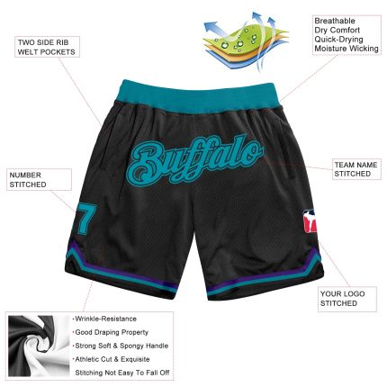 Custom Name and Number Basketball Shorts - Personalized Teal and Black Authentic Throwback Team Gear Personalized Black Teal-Black