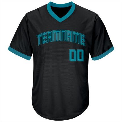 Personalized Teal Black Baseball Jersey Shirt - Throwback Rib-Knit Design Personalized Black Teal-Black Throwback Rib-Knit