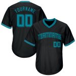 Personalized Teal Black Baseball Jersey Shirt - Throwback Rib-Knit Design Personalized Black Teal-Black Throwback Rib-Knit