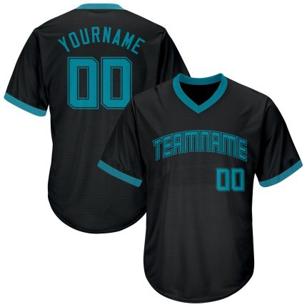 Personalized Teal Black Baseball Jersey Shirt - Throwback Rib-Knit Design Personalized Black Teal-Black Throwback Rib-Knit