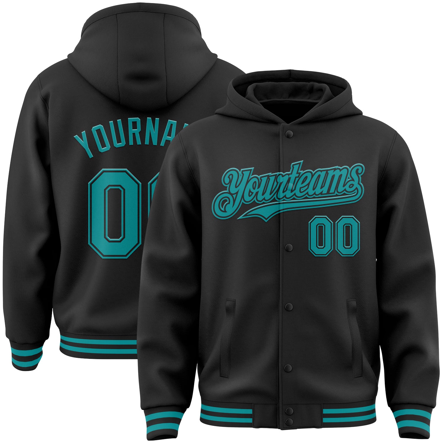 Personalized Black Teal Bomber Varsity Letterman Hoodie Jacket for Men Personalized Black Teal Bomber Full-Snap Varsity Letterman